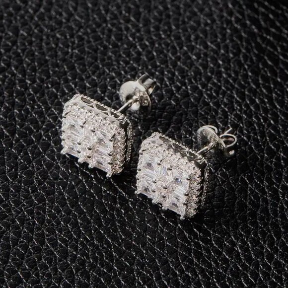 2ct Diamond Mens 925 Sterling Silver Square Stud Earrings Guys Stamped Jewelry